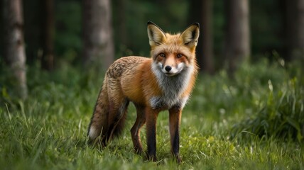 Red Fox Standing in A Green Nature Background in A National Park