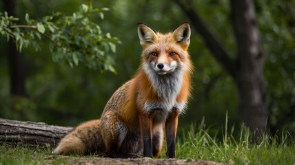 Fototapeta premium Red Fox Standing in A Green Nature Background in A National Park