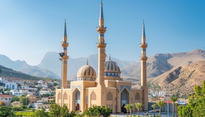 Obraz premium A grand mosque surrounded by mountains and greenery under a clear sky.