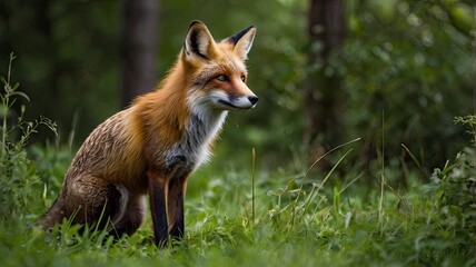 Red Fox Standing in A Green Nature Background in A National Park