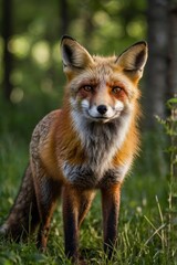Fototapeta premium Red Fox Standing in A Green Nature Background in A National Park