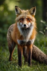 Fototapeta premium Red Fox Standing in A Green Nature Background in A National Park