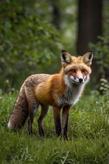 Obraz premium Red Fox Standing in A Green Nature Background in A National Park