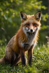 Fototapeta premium Red Fox Standing in A Green Nature Background in A National Park