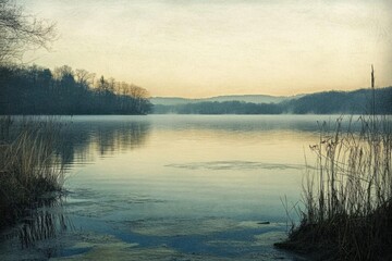 Serene lake at dawn with mist and soft reflections.