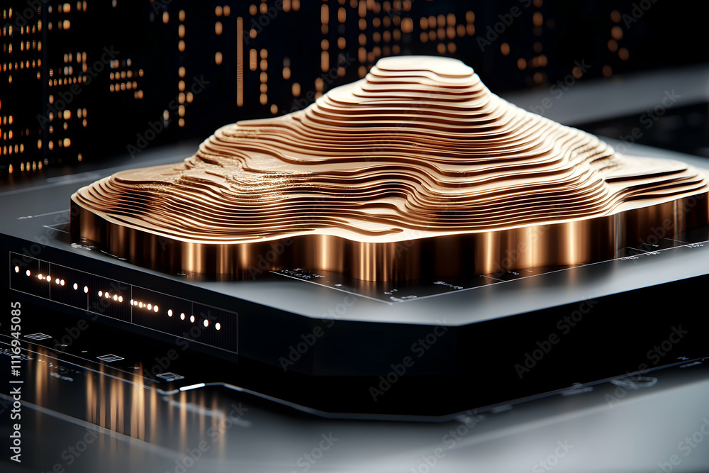Poster Abstract 3D rendering of a metallic topographic map on a tech background.