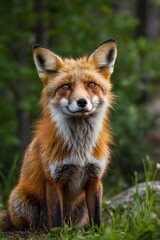 Fototapeta premium Red Fox Standing in A Green Nature Background in A National Park