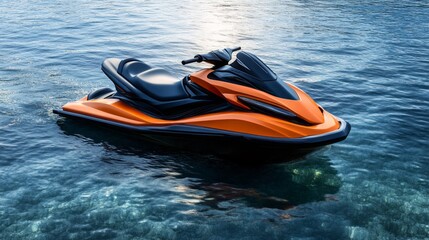A sleek orange jet ski navigates through serene, turquoise waters on a sunny day