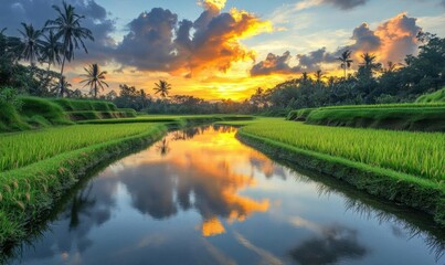 Serene sunset over lush rice fields reflecting in tranquil water.