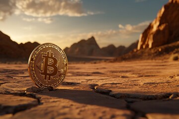 Bitcoin in arid desert landscape at sunset.