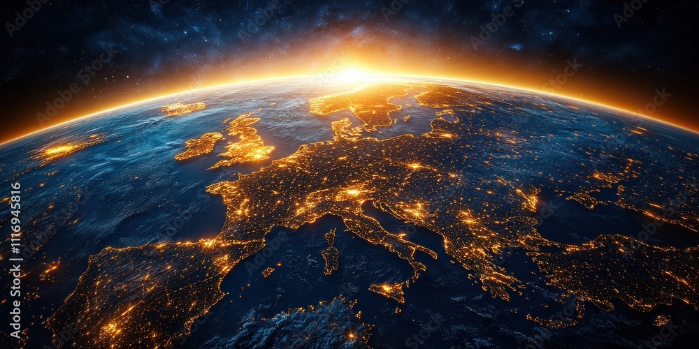 Poster 3d digital map of europe cyberpunk style global network connectivity data transfer telecommunication