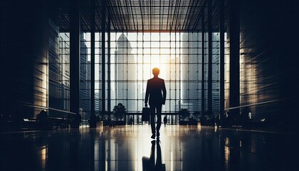 A businessperson walking through a corporate lobby, silhouette, action photography, aesthetics,