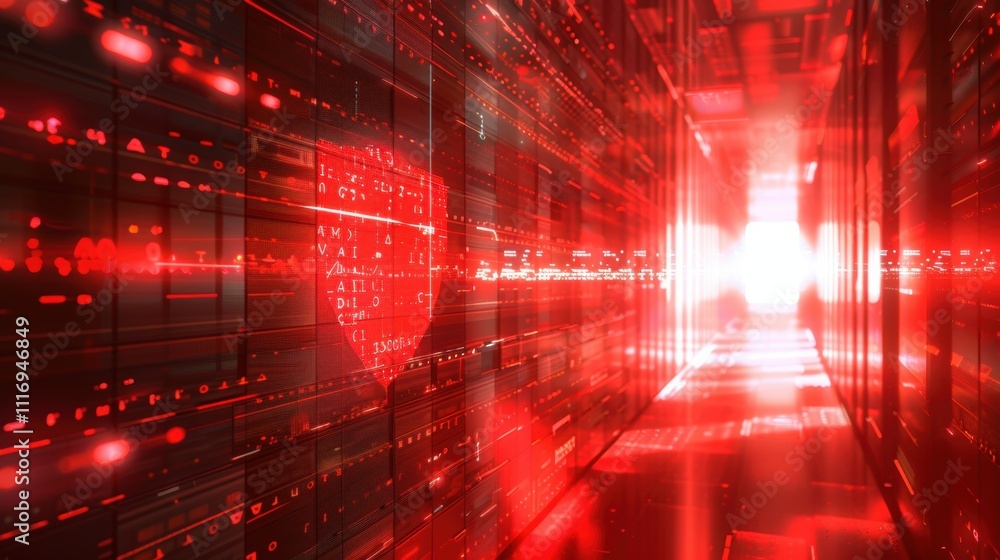 Poster a digital corridor illuminated in red, suggesting data flow and technology.