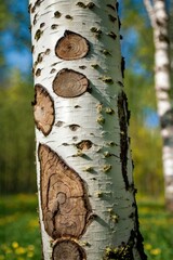 Trunk of a young birch tree in garden. Tree bark trunk a tree in forest. Environmental conservation. Bokeh