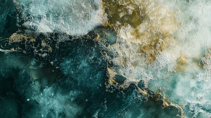 Swirling ocean waves create a captivating abstract pattern in turquoise and gold hues