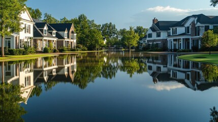 Obraz premium Waterfront homes reflecting in calm lake at sunrise.
