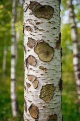 Trunk of a young birch tree in garden. Tree bark trunk a tree in forest. Environmental conservation. Bokeh