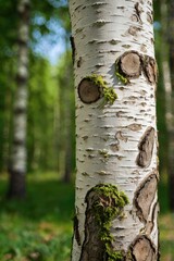 Trunk of a young birch tree in garden. Tree bark trunk a tree in forest. Environmental conservation. Bokeh