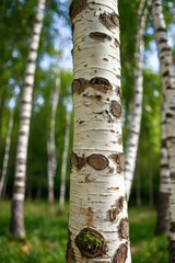 Trunk of a young birch tree in garden. Tree bark trunk a tree in forest. Environmental conservation. Bokeh