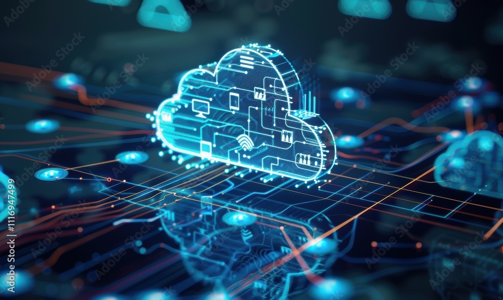 Poster digital cloud icon with circuitry on a tech-themed background.
