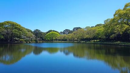 Obraz premium Serene Lakeside Park in Springtime