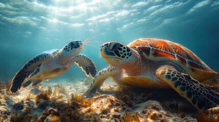 Obraz premium Oceanic Turtles Underwater Encounter: A Majestic Underwater Scene