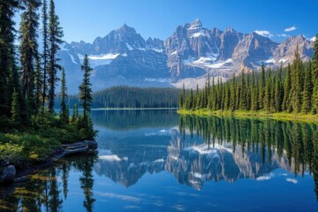 Fototapeta premium Serene lake reflecting majestic mountains and lush forests.