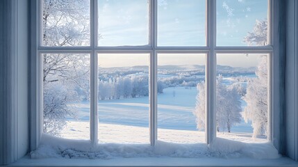 Frost-covered window with a view of a snowy landscape, 8k, High detail


