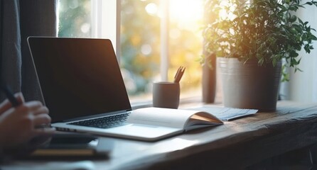 Fototapeta premium Businesswoman Working from Home Office Writing in Notebook and Typing on Laptop in Contemporary Workspace