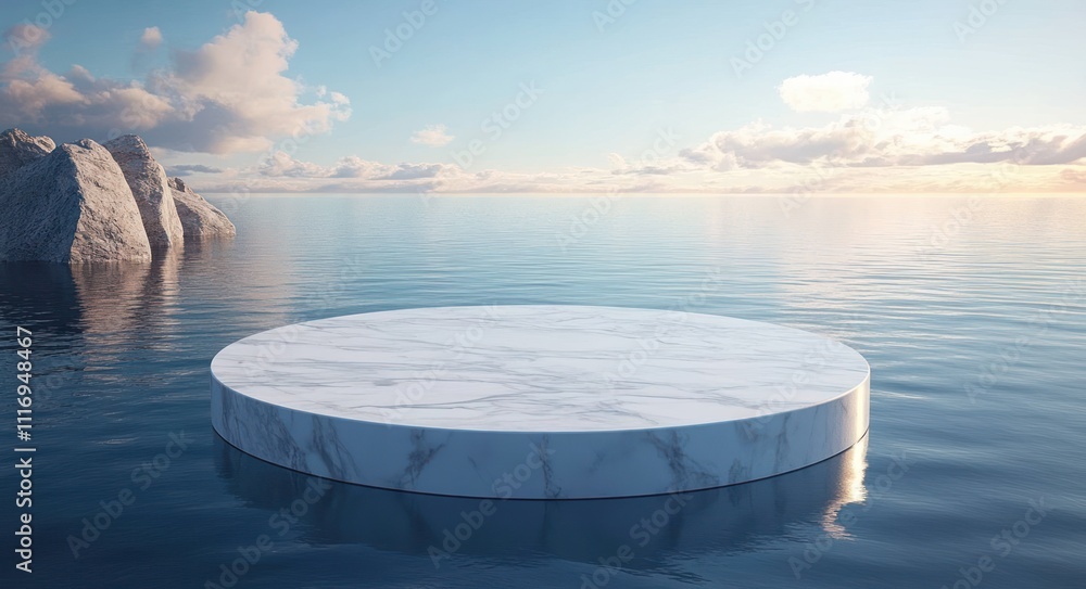 Poster marble platform in calm sea hyper-realistic scene summer nature display background