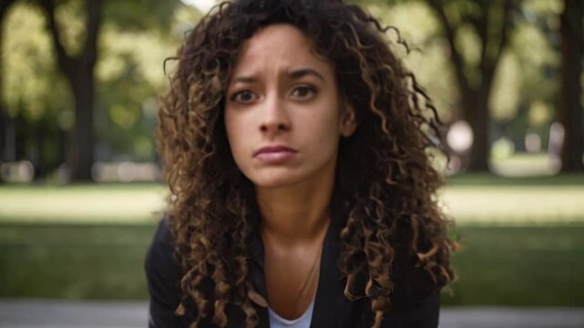 Close-up of distraught mixed-race woman sitting in a park