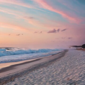 Waves crashing on a sandy beach at sunset