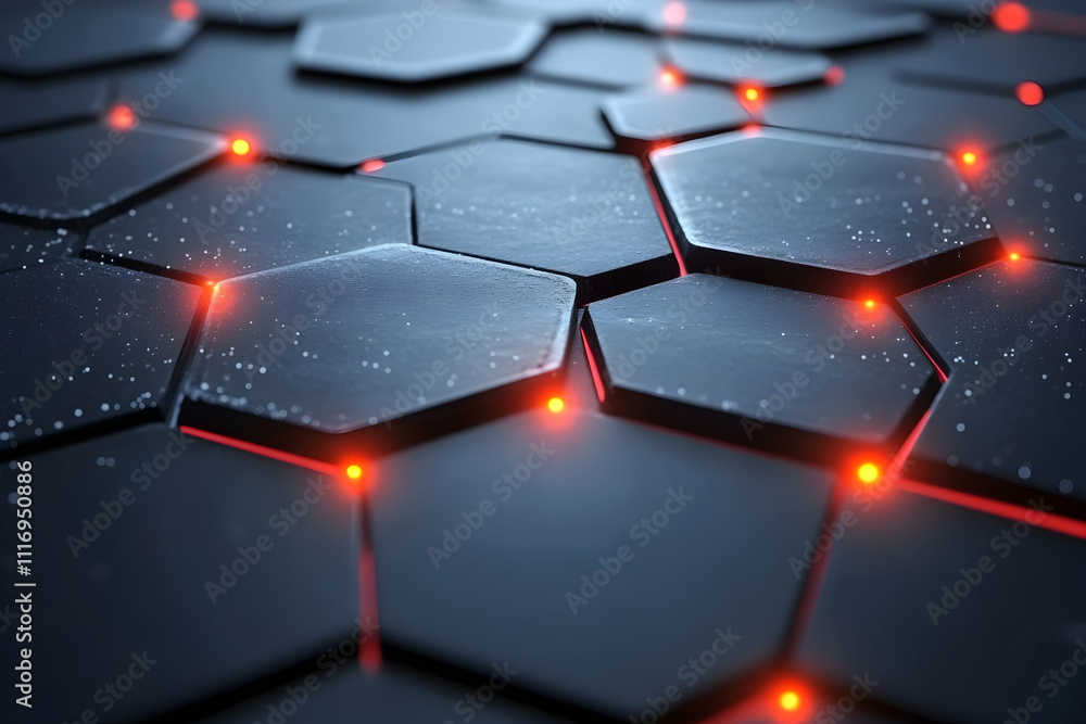 Aufkleber abstract dark hexagonal grid with glowing red nodes.