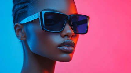 Fototapeta premium Side profile of a woman in bright neon glasses