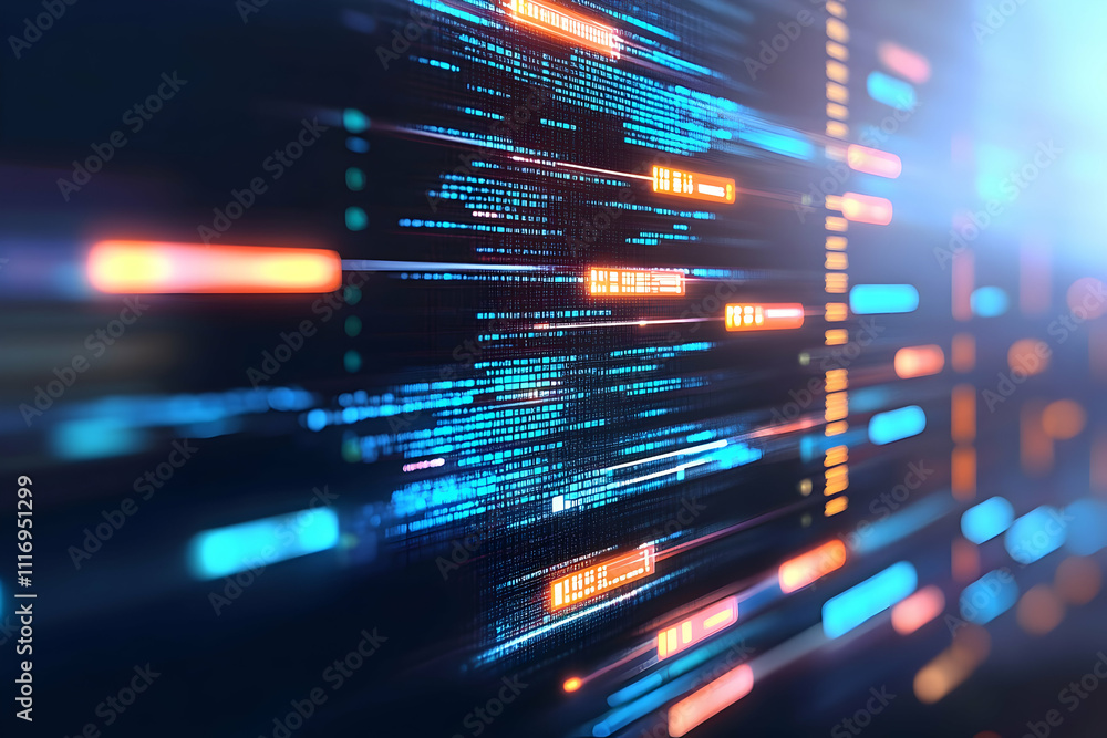 Poster abstract digital code stream, glowing lines and data flow.