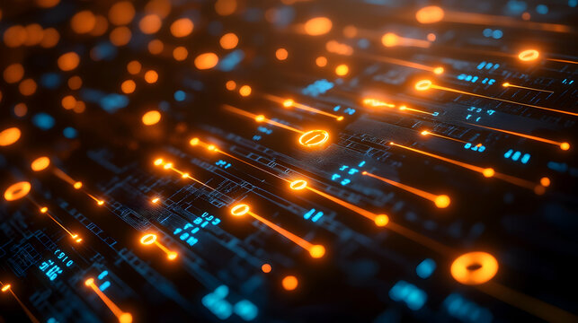 Abstract digital data flow with glowing orange and blue lines