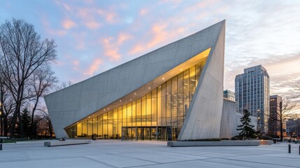 Obraz premium Modern concrete building at sunrise.