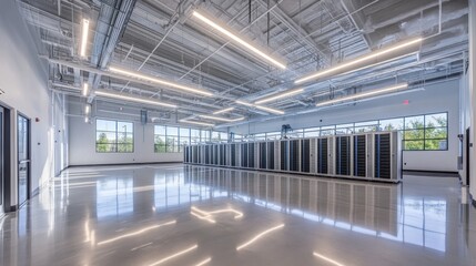 Fototapeta premium Modern data center with polished concrete floor, high ceilings, and rows of server racks.