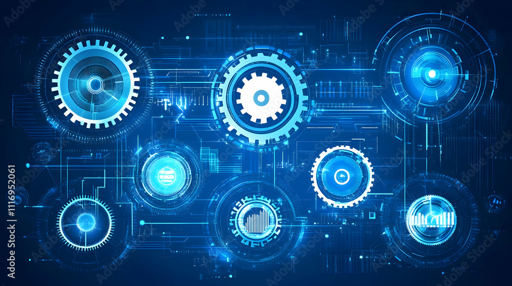 Poster abstract digital technology background with gears and circuits.