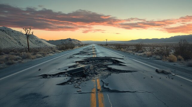 Damaged asphalt road in desert at sunset.
