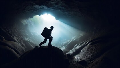 A caver exploring an underground chamber, silhouette, action photography, aesthetics,