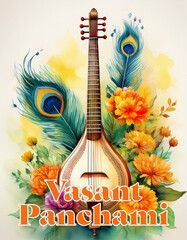 Indian Festival Vasant Panchami Poster Design with Veena and Marigold Decoration
