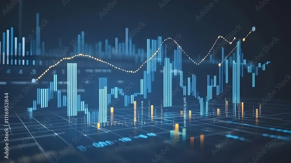 Aufkleber abstract financial data visualization with upward trend line and bar charts.