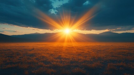 Fototapeta premium Vibrant sunset over a vast, golden field with mountains in the distance, sun rays breaking through clouds.
