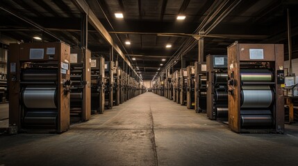 Obraz premium Rows of industrial textile machinery in a large factory.