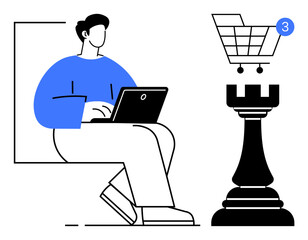 Man using a laptop while seated, with a shopping cart notification indicating three items, a large chess rook nearby. Ideal for e-commerce, online shopping, strategy, digital marketing, business