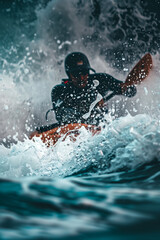 Kayaker Performing a Trick in Rapids with Dramatic Water Splashes.