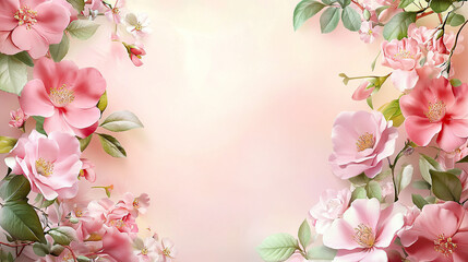 Fototapeta premium Beautiful pink floral frame background with space for text or photo, pastel flowers border on a soft light background