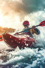 Naklejka premium Kayaking Stunt in Rapid Waters with Splashes and Waves.