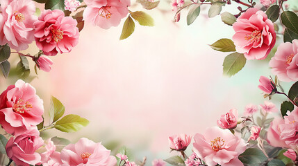 Obraz premium Beautiful pink floral frame background with space for text or photo, pastel flowers border on a soft light background
